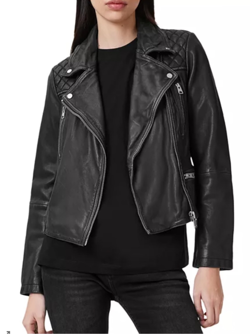 AllSaints Women's Black Quilted Leather Moto Cargo Distressed Leather Jacket